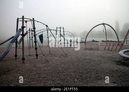 Children`s playground in St. Nicholas Park on a winter`s day, Warwick, Warwickshire, England, UK Stock Photo